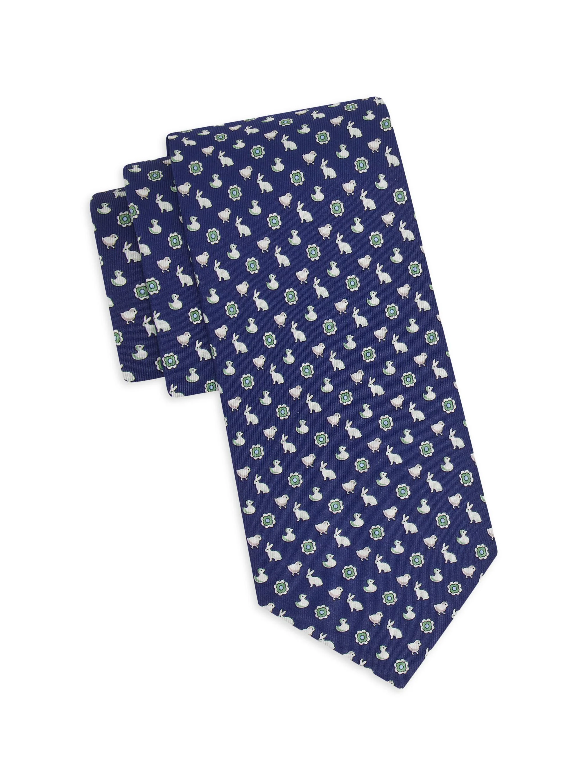 Men's Bunny and Chick Charm-Print Silk Tie - Blue Verde - 1