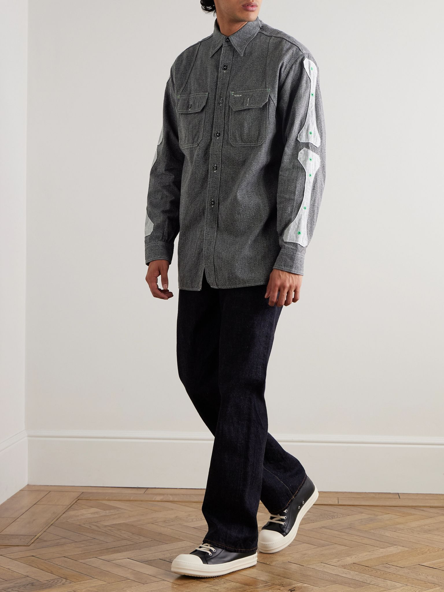 Appliquéd Panelled Cotton Shirt Black - 2