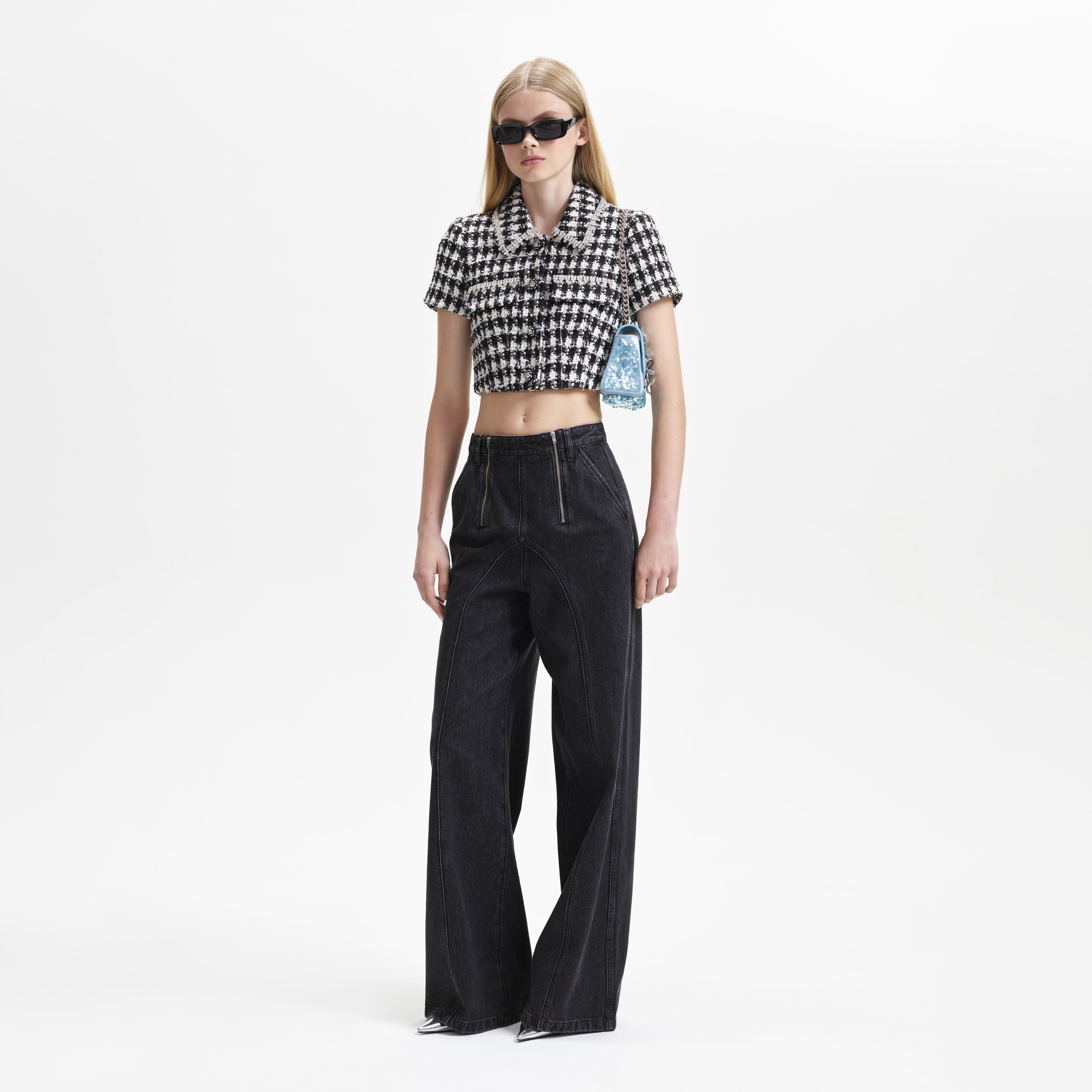 Black Check Boucle Crop Top - 2