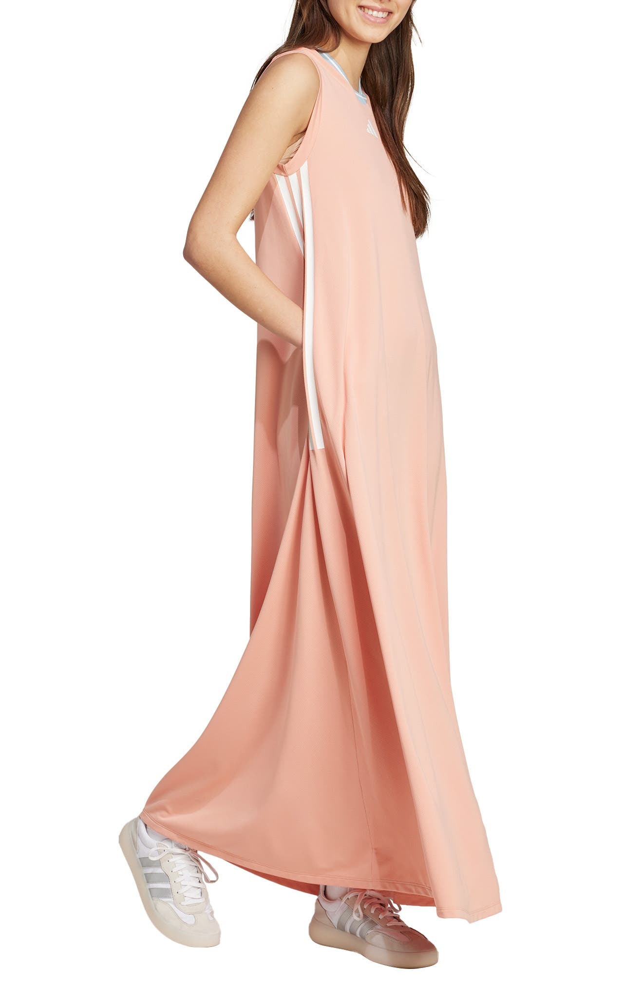 adidas Tiro Recycled Polyester Maxi Dress in Ambient Blush/White at Nordstrom - 3