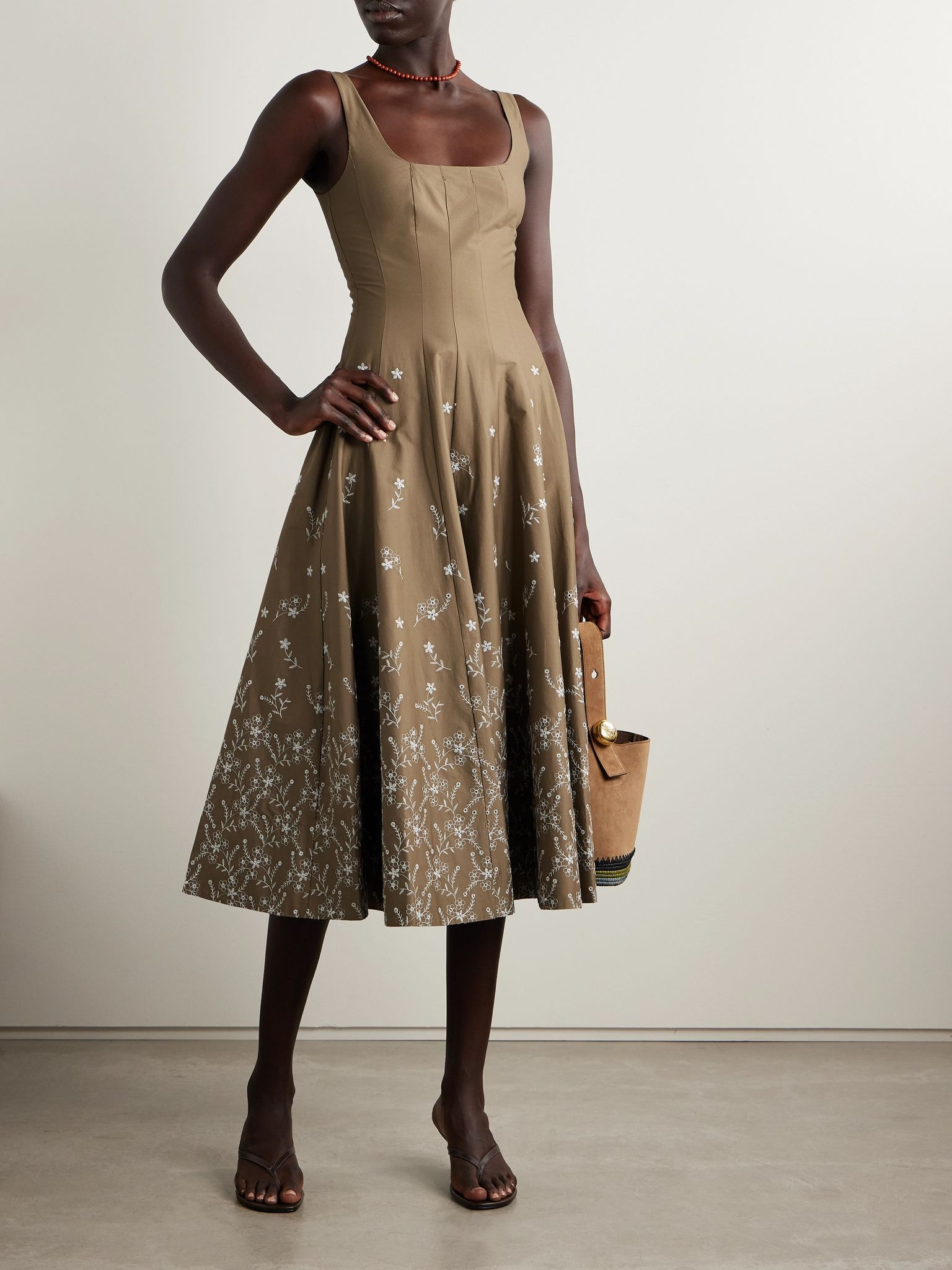 Wells pleated embroidered cotton-blend poplin midi dress Beige - 2