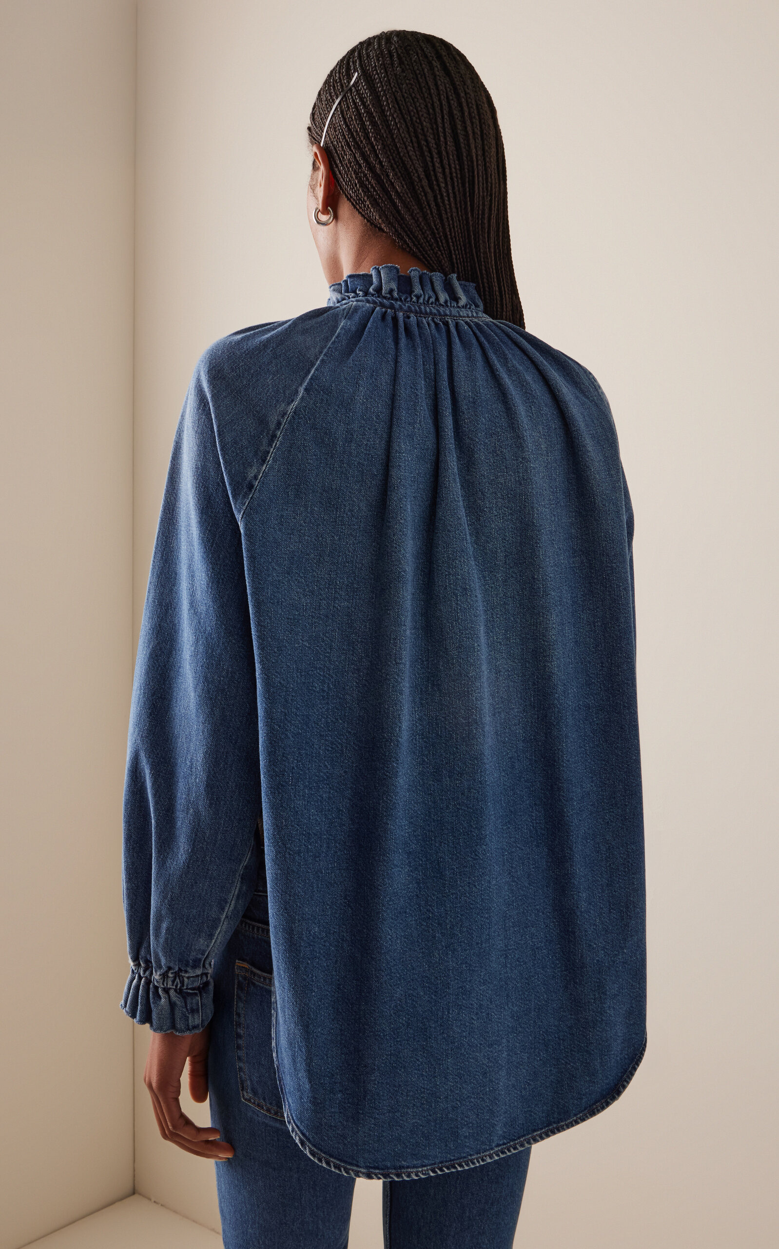 x Bloom Farm Exclusive Loretta Ruffled Denim Shirt medium wash - 6