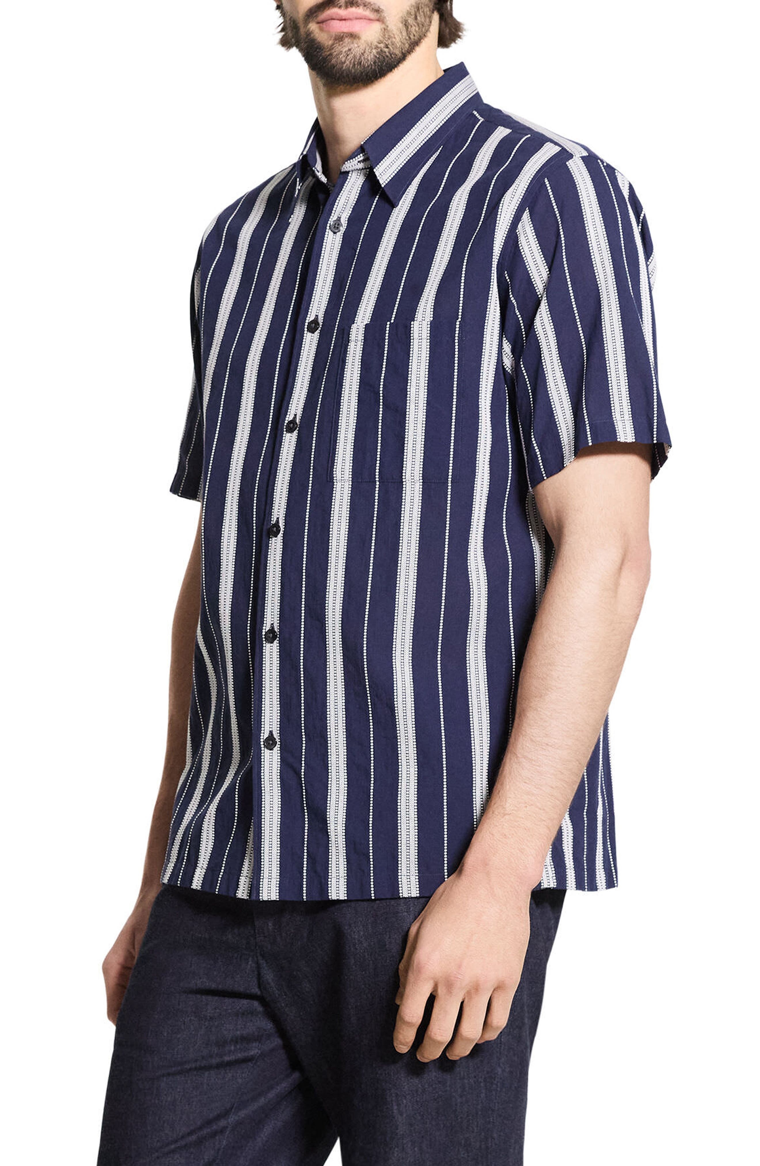 Theory Noll Summer Dobby Short Sleeve Button-Up Shirt in Baltic/White at Nordstrom - 4