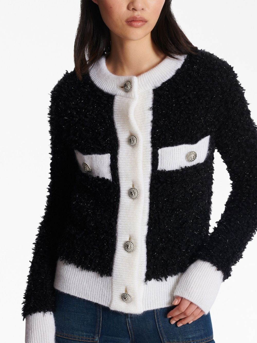 bouclÃ© contrasting-trim knitted cardigan - 6