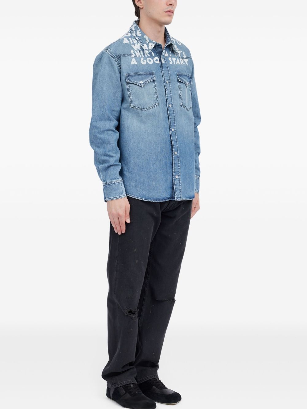 slogan-print denim shirt - 3
