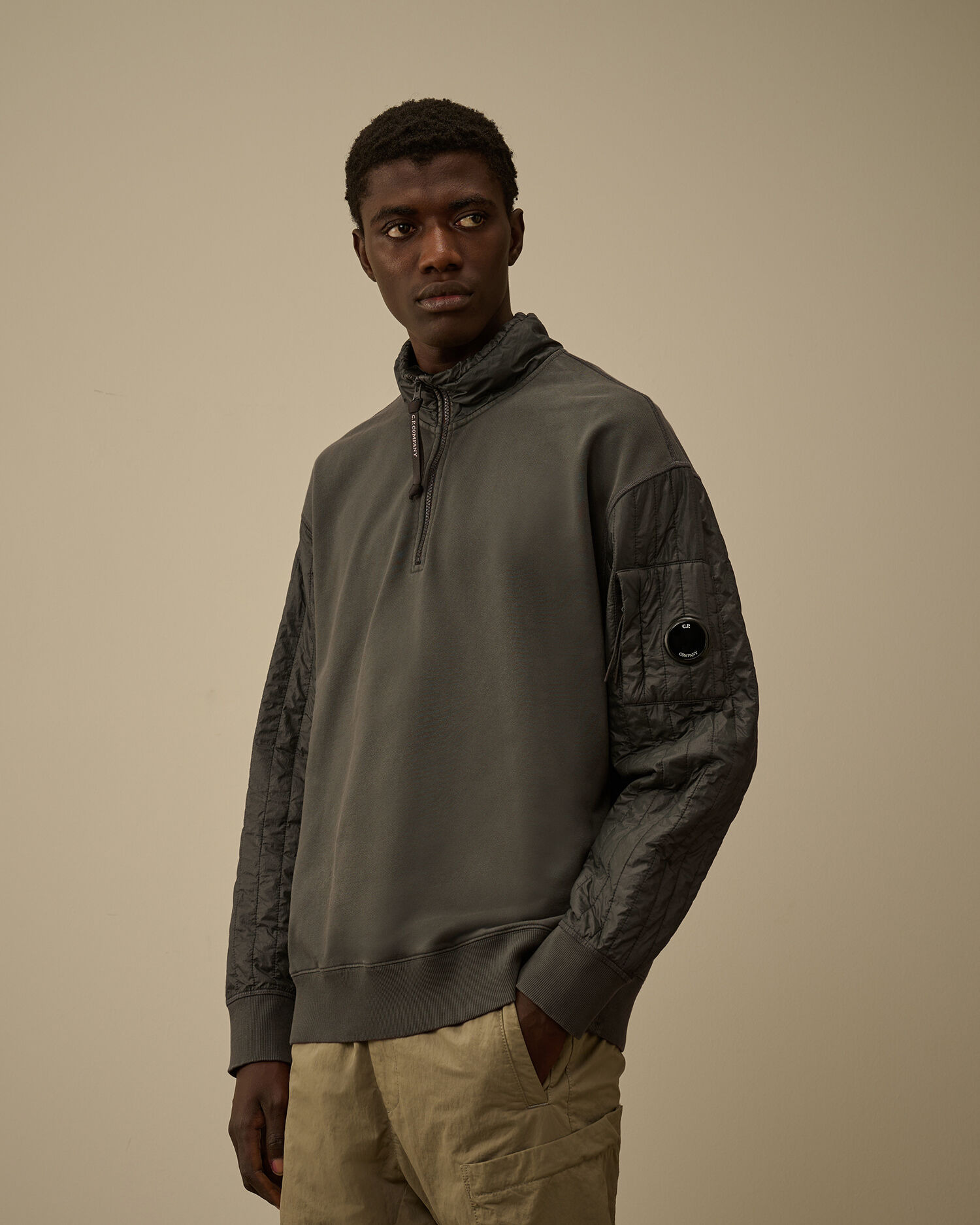 Diagonal Raised Fleece Mixed Half Zip Sweatshirt - 3