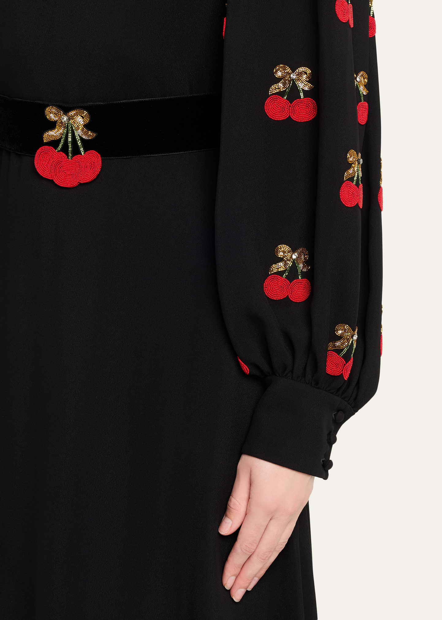 Cherry Embroidered Belted Puff-Sleeve Gown - 5