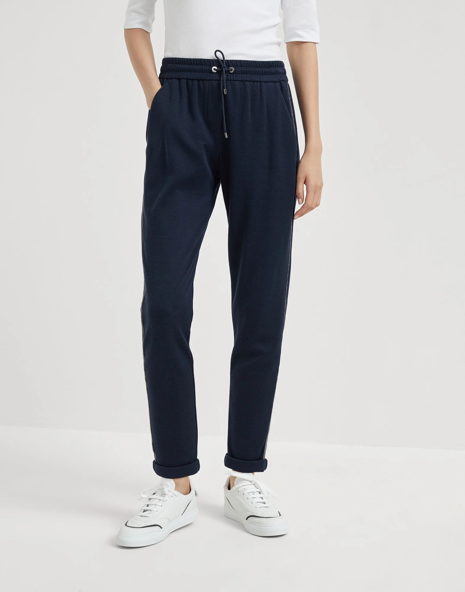 Comfort cotton and silk interlock trousers with precious stripe - 1