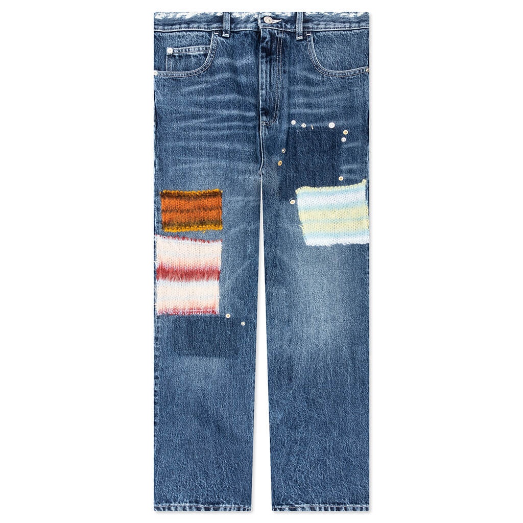VIRGIN WOOL DENIM TROUSERS WITH KNITTED PATCHES  - DEEP BLUE - 1