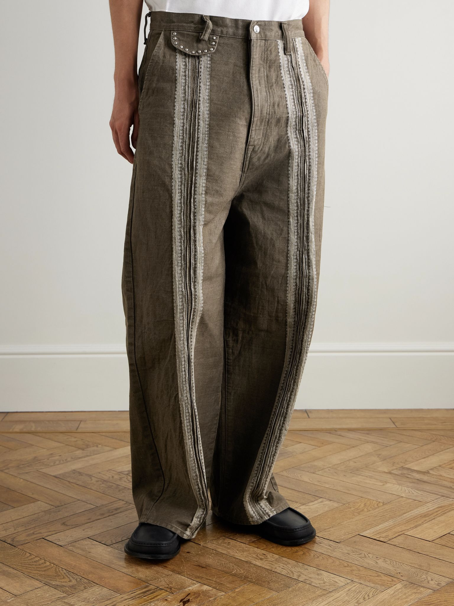 Wide-Leg Studded Jacquard Jeans Green - 3
