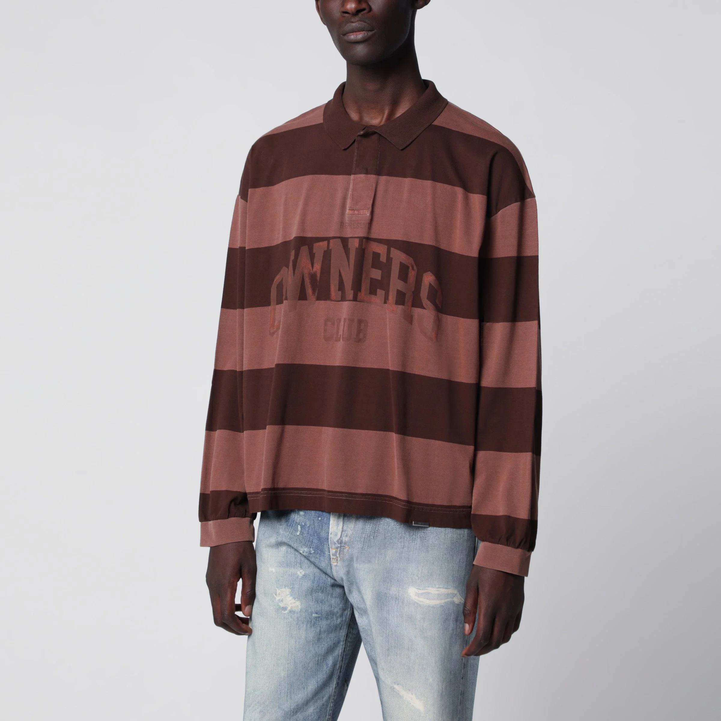 Owners Club Stripe rugby polo in cotton, sienna stripes - 1