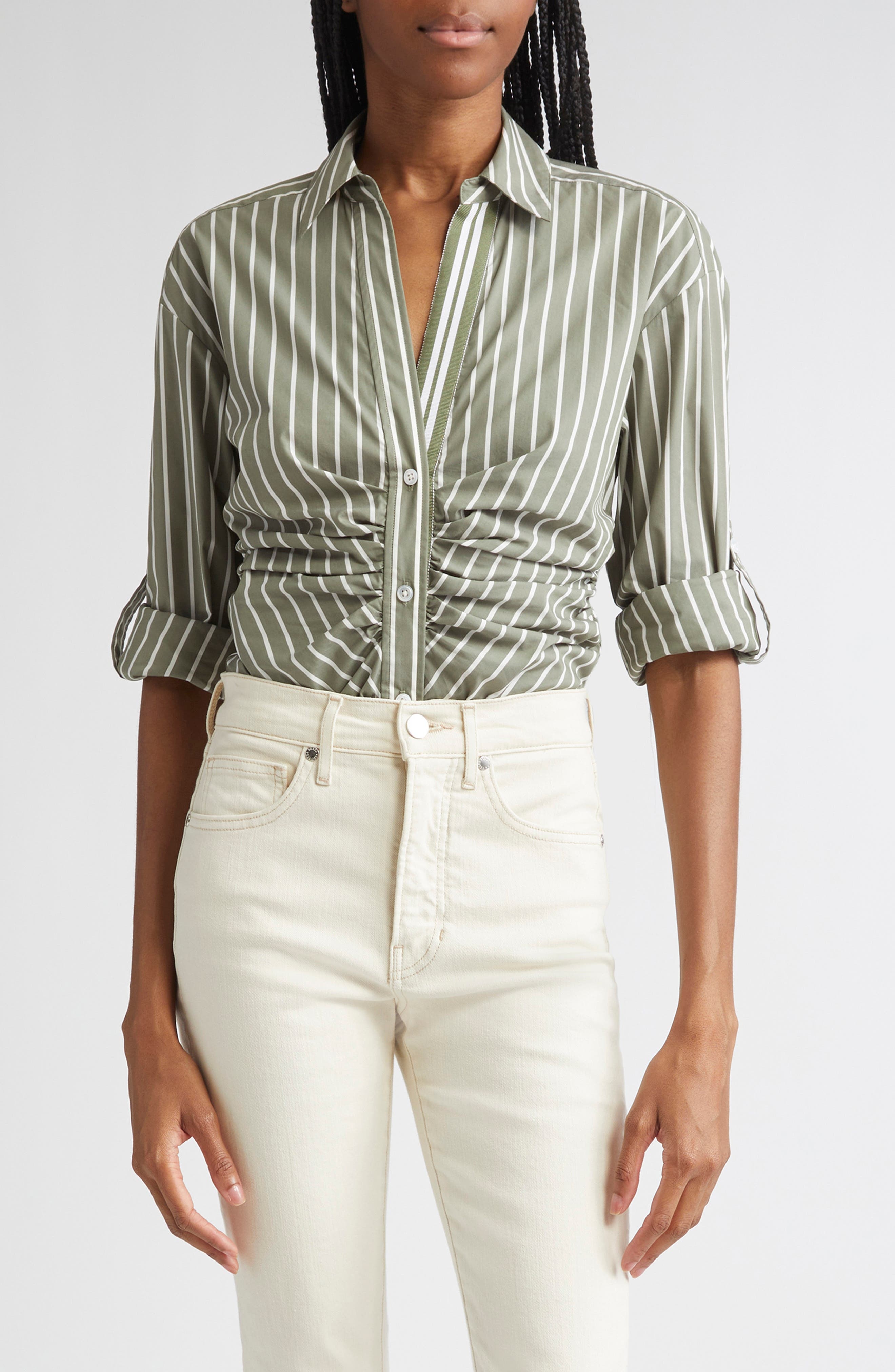 Veronica Beard Devra Stripe Ruched Cotton Blend Button-Up Shirt in Stone Army White at Nordstrom - 1