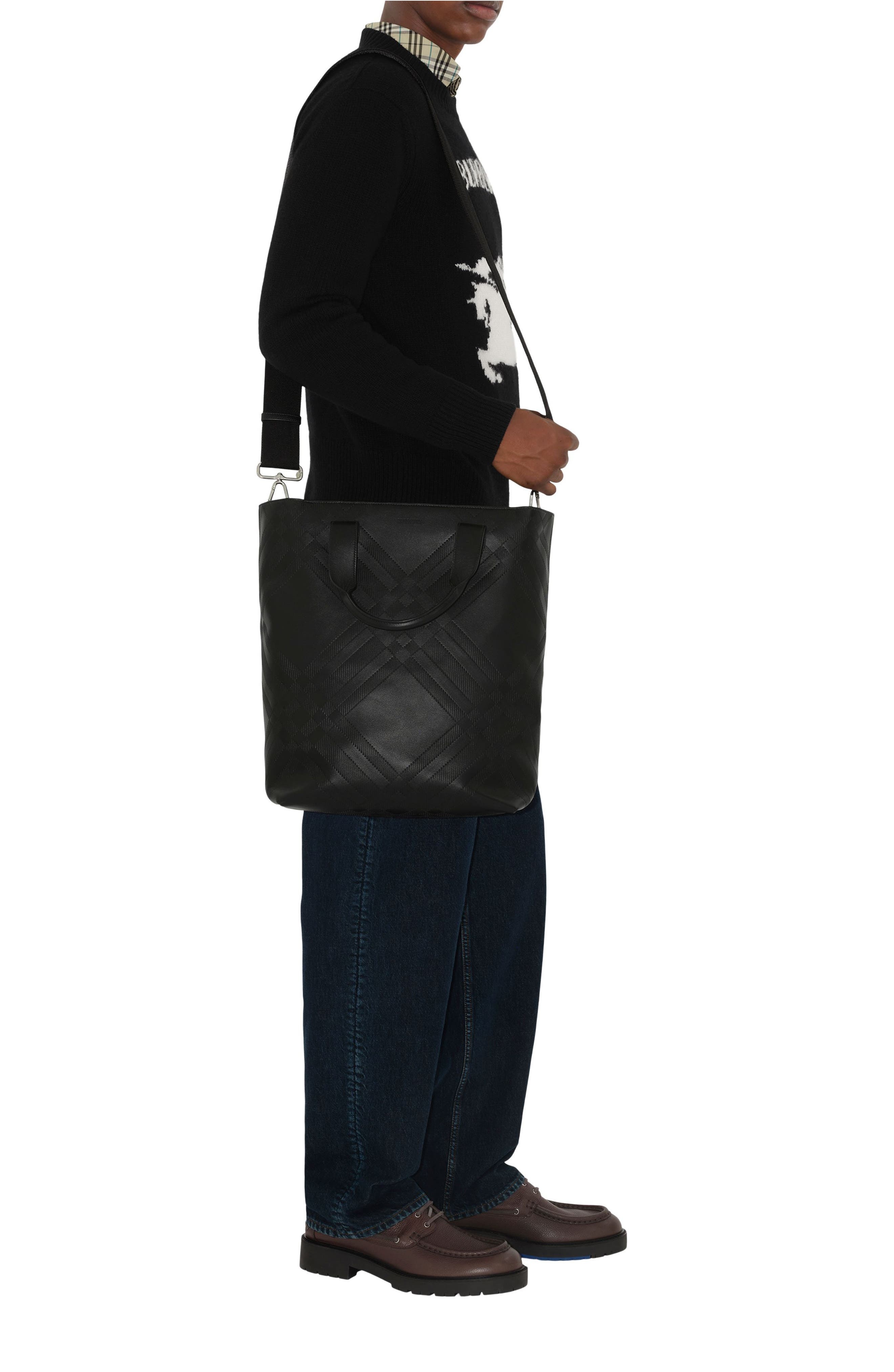burberry Check North/South Leather Tote in Black at Nordstrom - 5