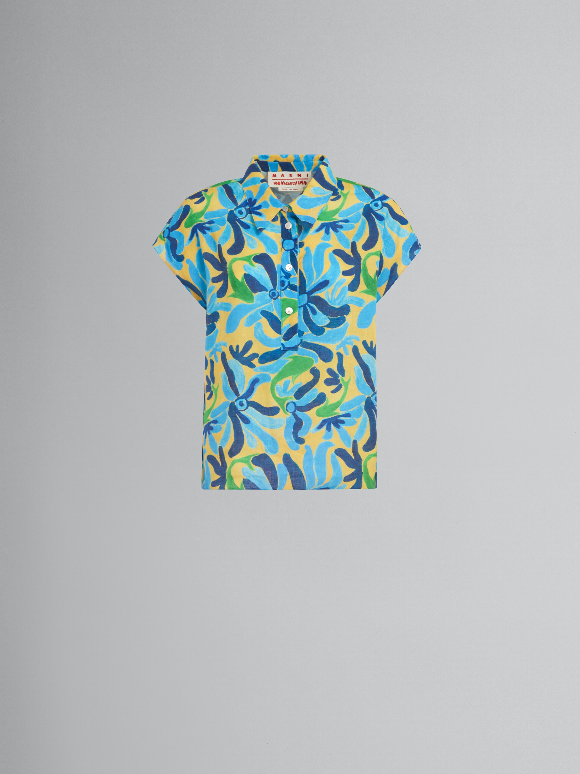 MARNI X NO VACANCY INN - LINEN AND VISCOSE POLO TOP WITH CHIPPY FISHES PRINT - 1