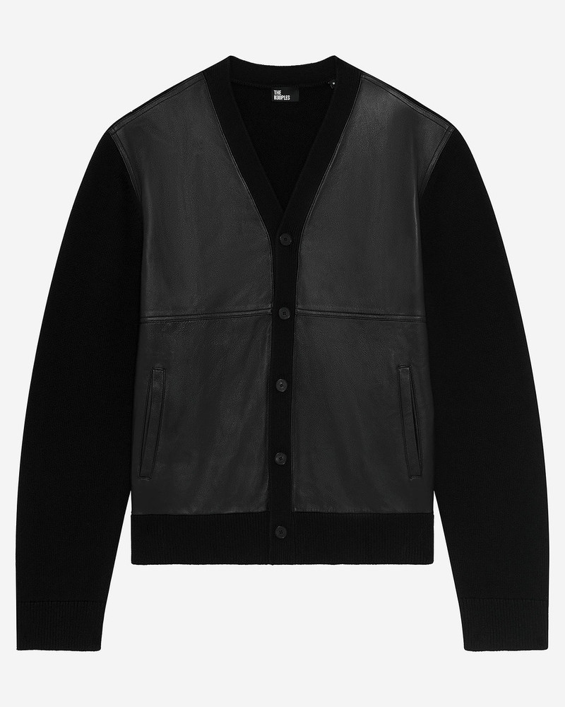 TWO-MATERIAL BUTTON-DOWN CARDIGAN WITH BLACK LEATHER 1
