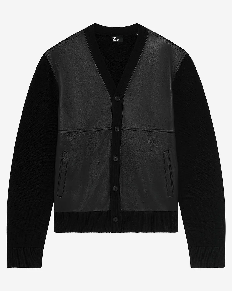 TWO-MATERIAL BUTTON-DOWN CARDIGAN WITH BLACK LEATHER - 1