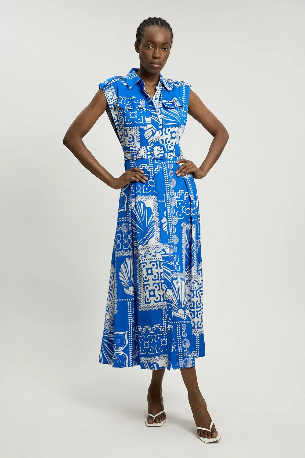 Premium Viscose Linen Print Belted Woven Midi Dress - 1
