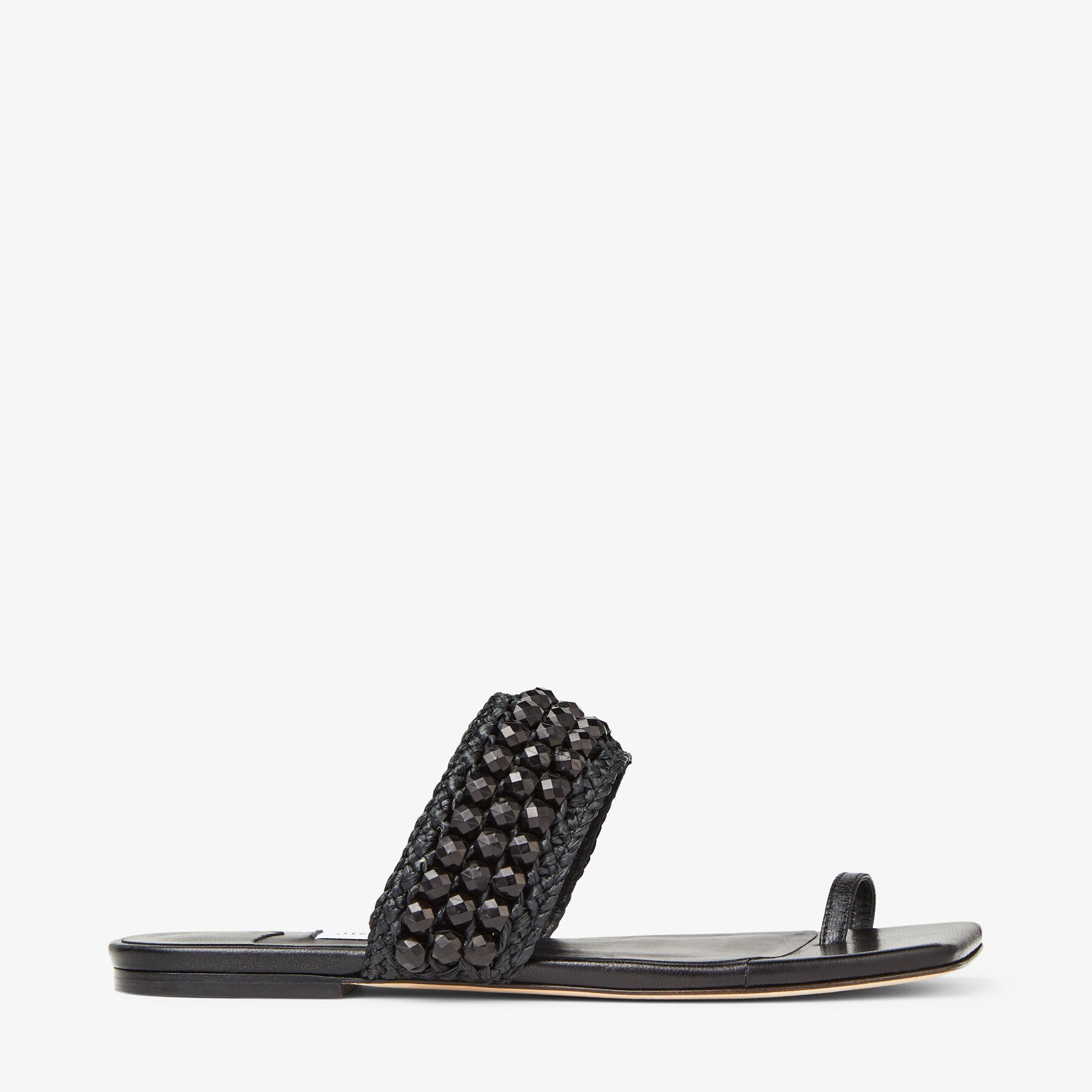 Amoure Flat
Black Nappa Leather Flat Sandals with Beaded Raffia - 1