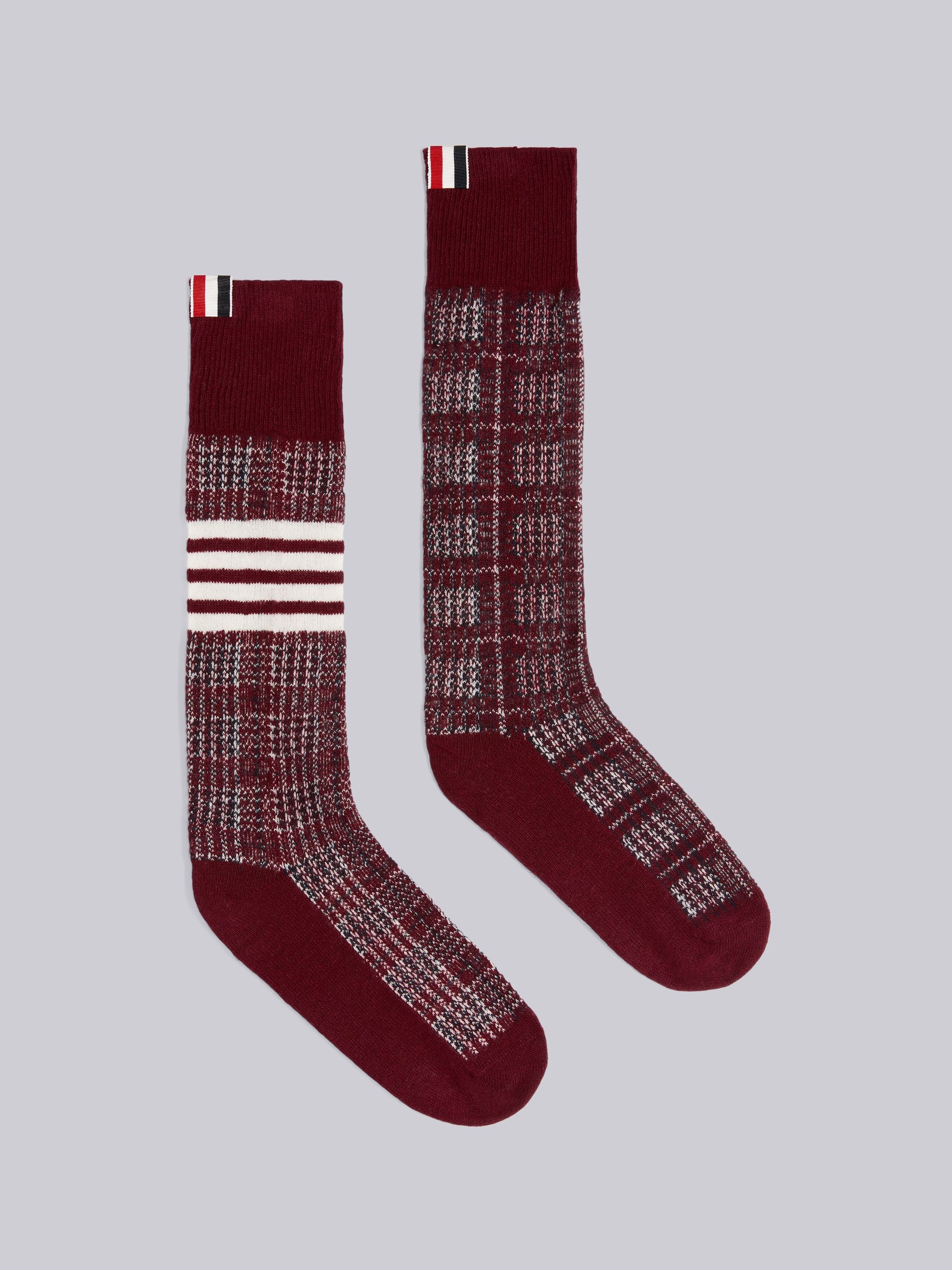 Dark Red Grid Windowpane Check Baby Merino Jacquard 4-Bar Stripe Over-the-calf Socks - 1