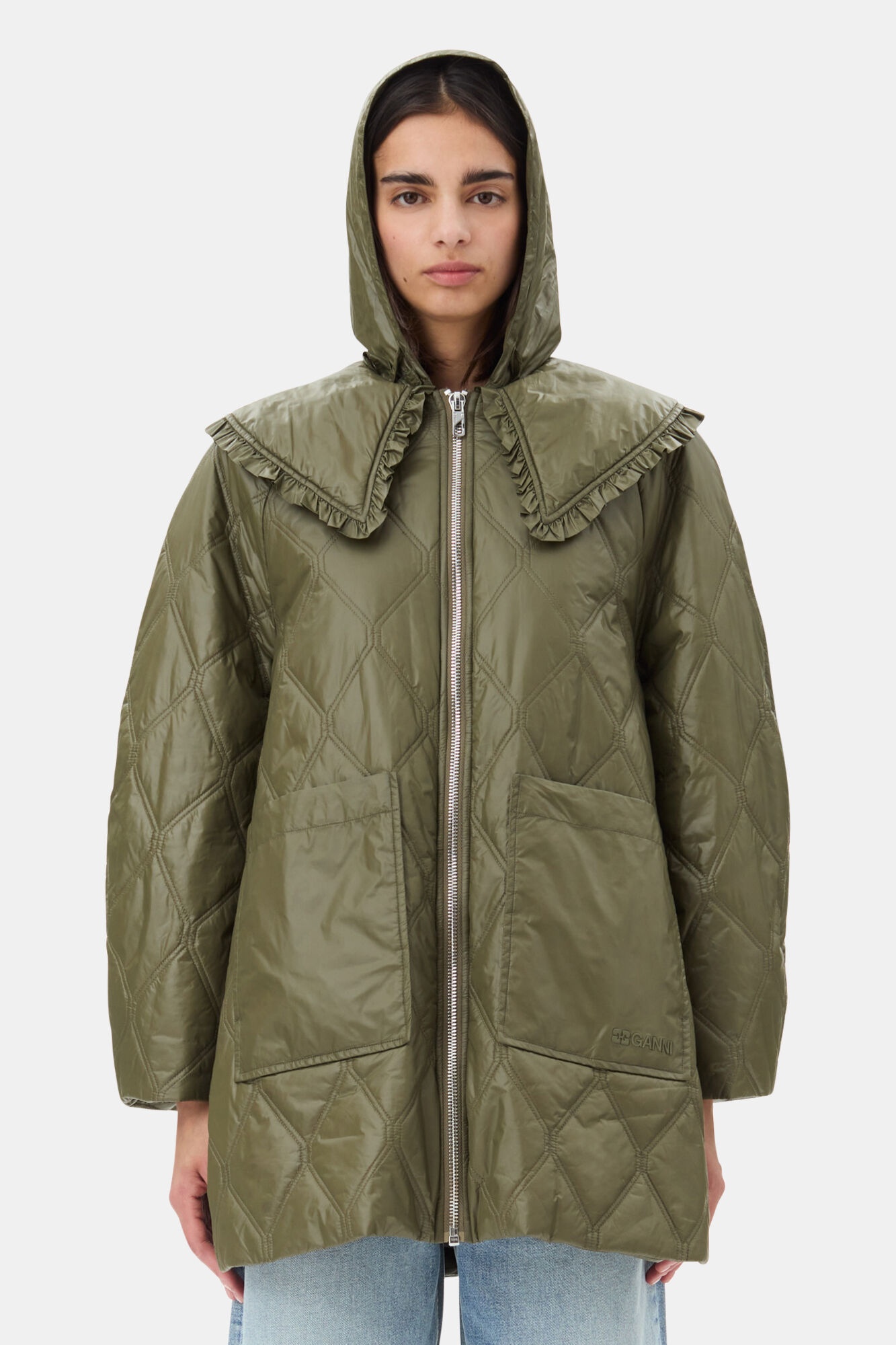 GANNI GREEN SHINY QUILT MIDI JACKET | REVERSIBLE