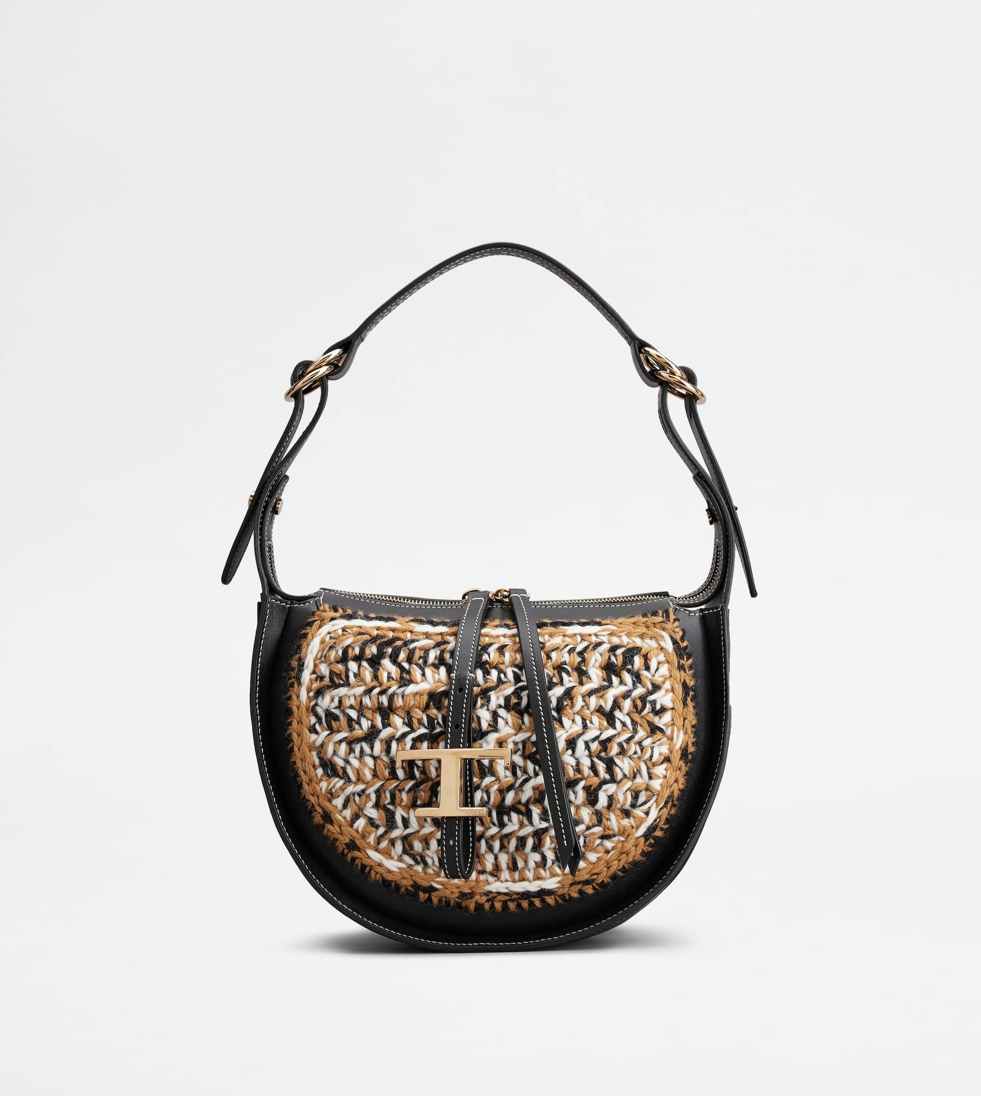 T TIMELESS HOBO BAG IN LEATHER AND WOOL SMALL - BLACK, BROWN - 1