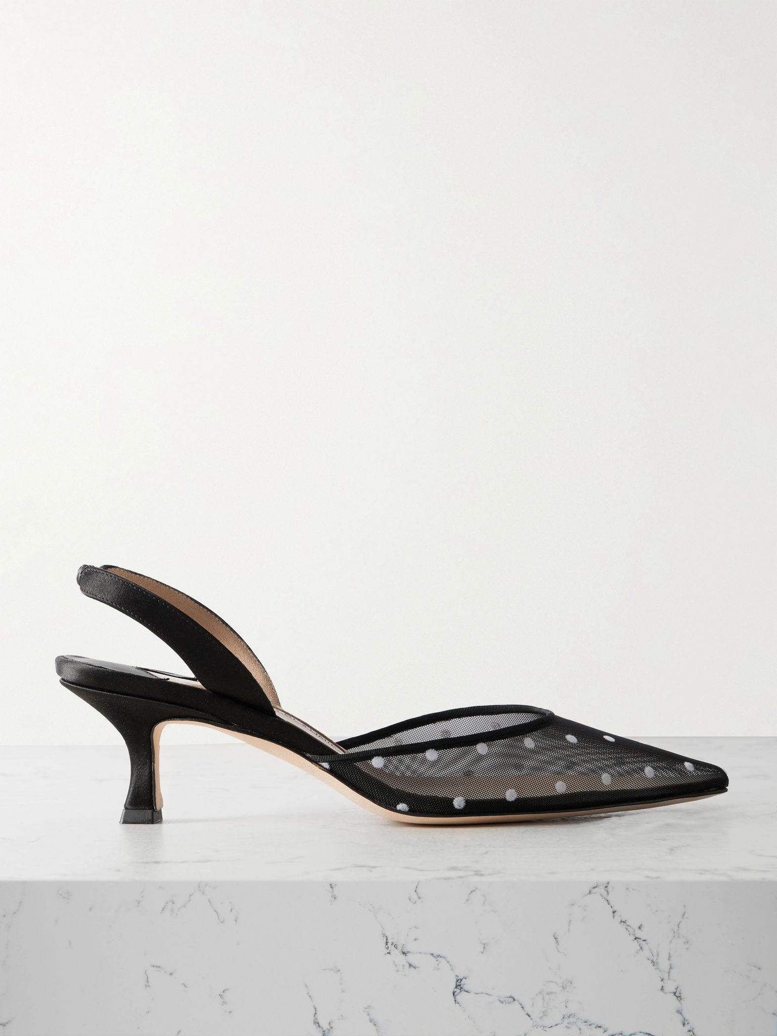Carolyne 50 polka-dot flocked mesh and satin slingback pumps Black - 1