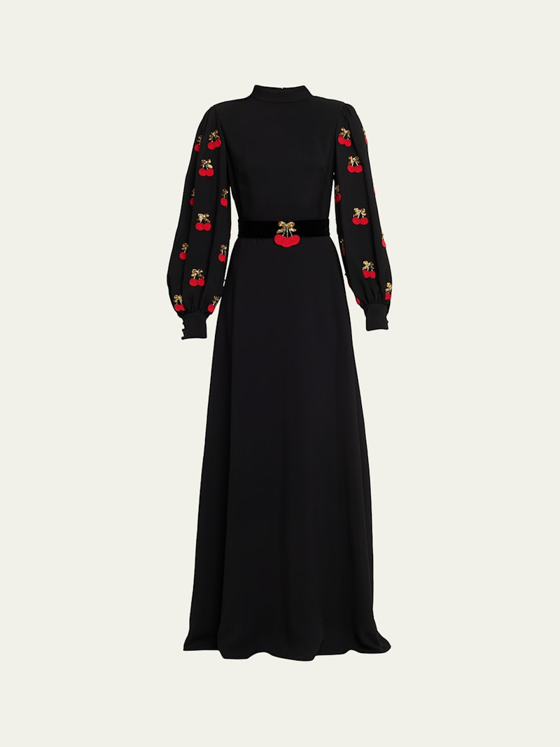 Cherry Embroidered Belted Puff-Sleeve Gown 1