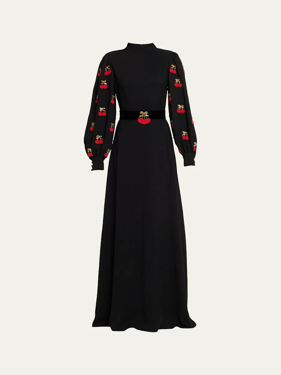 Cherry Embroidered Belted Puff-Sleeve Gown - 1