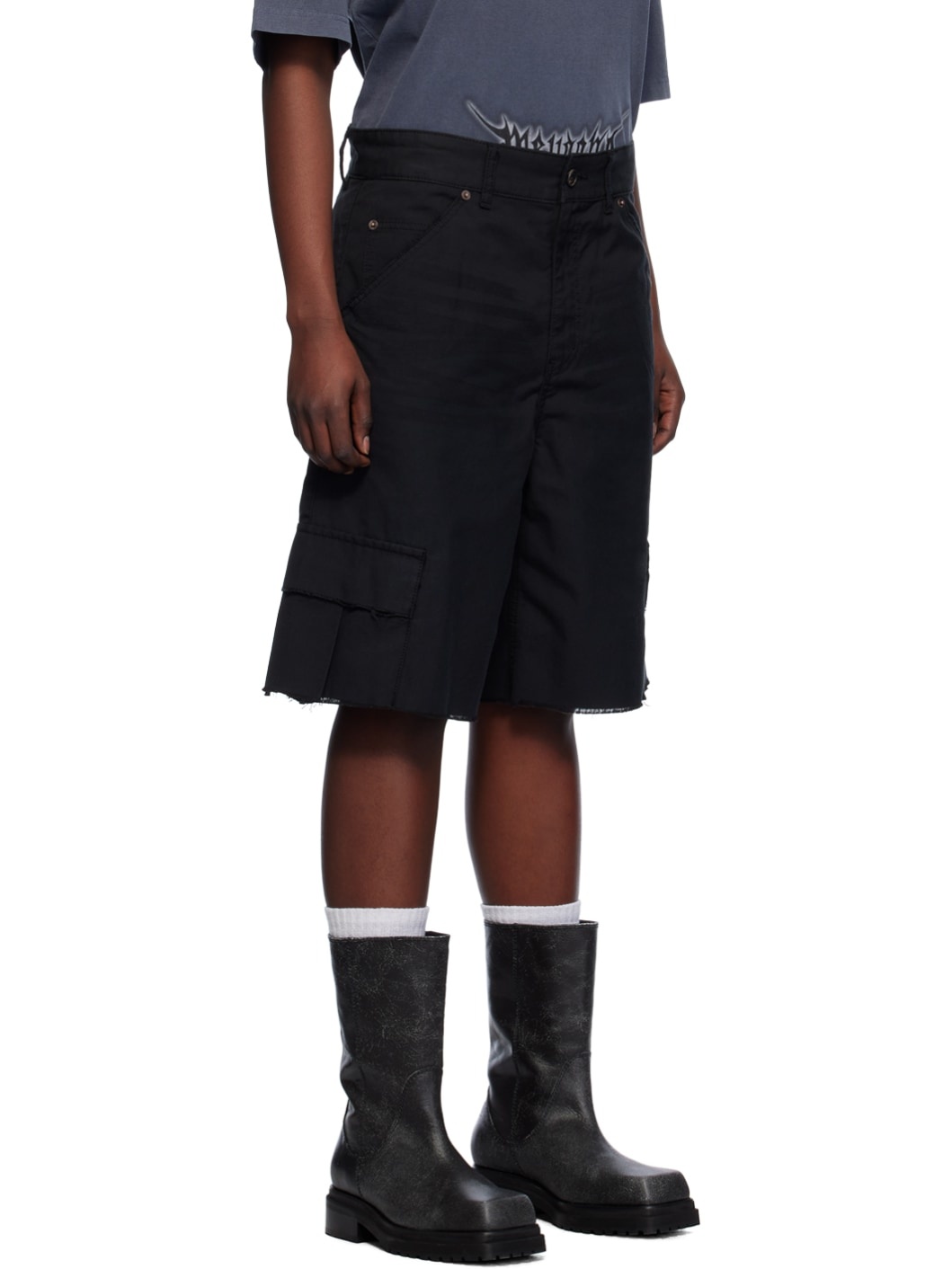 Black Cropped Cargo Shorts - 2