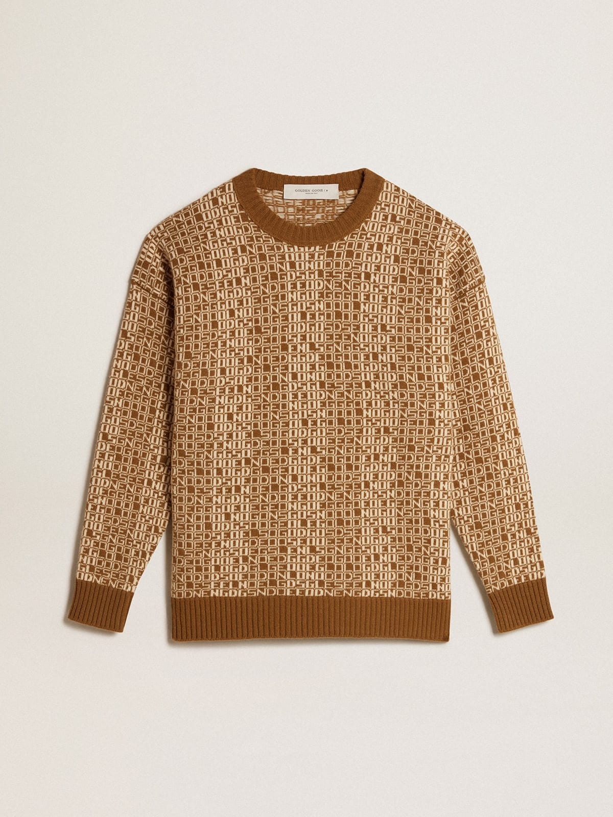 Round-neck sweater with olive-green jacquard lettering motif - 1