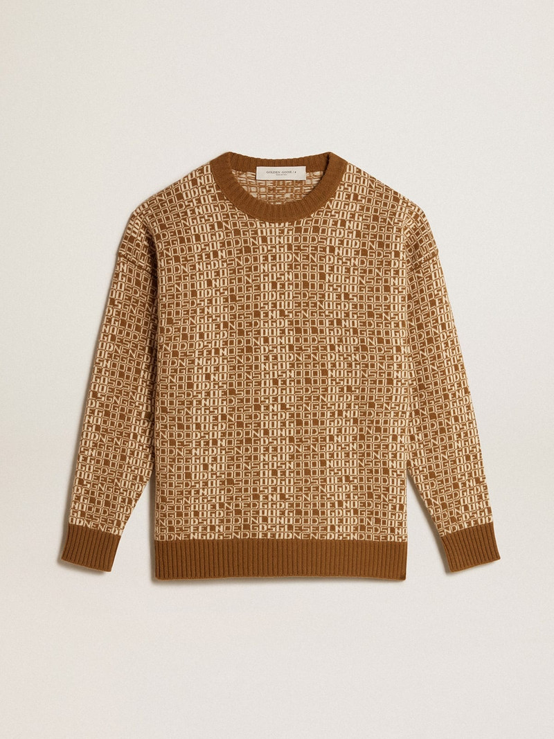 Round-neck sweater with olive-green jacquard lettering motif 1