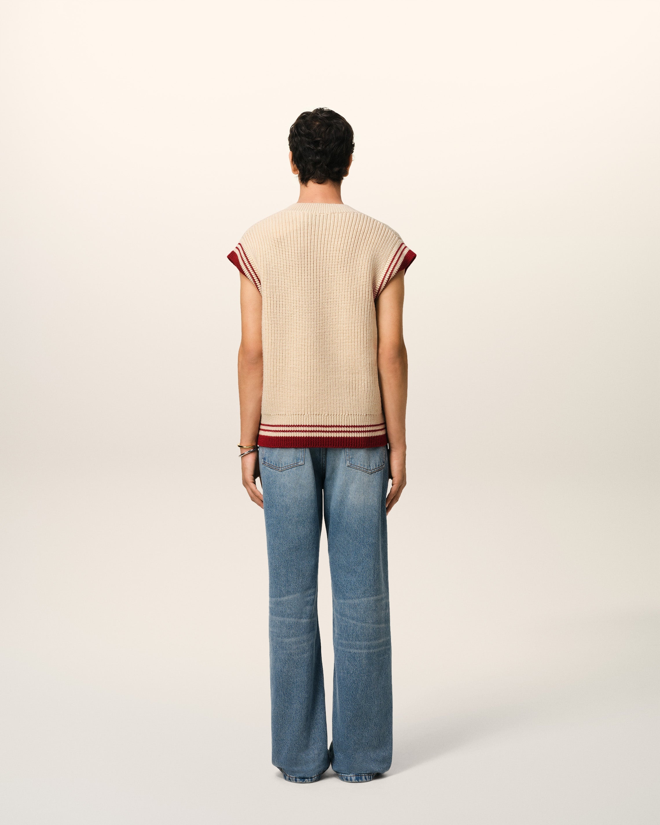BEIGE WOOL RIBBED SLEEVELESS V NECK SWEATER - 5
