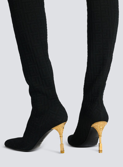 Balmain Moneta monogrammed knit thigh-high boots outlook