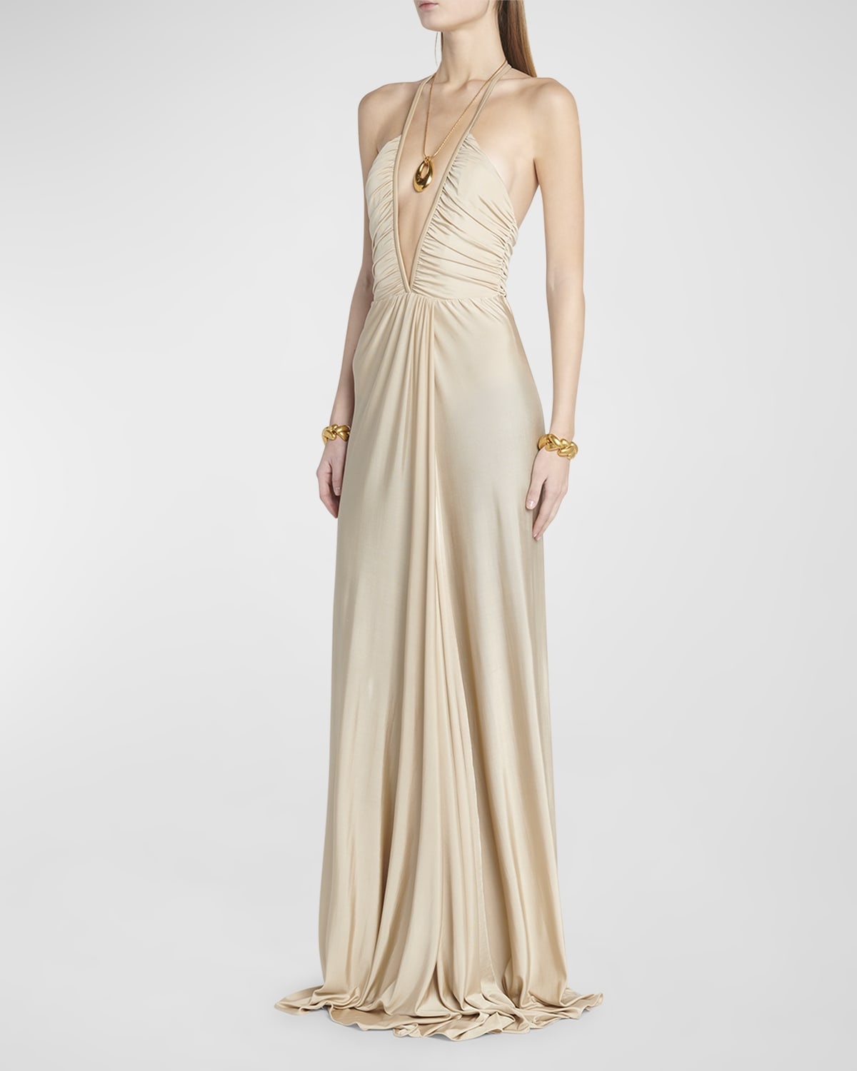 Plunging Ruched Fluid Jersey Slit Gown - 3