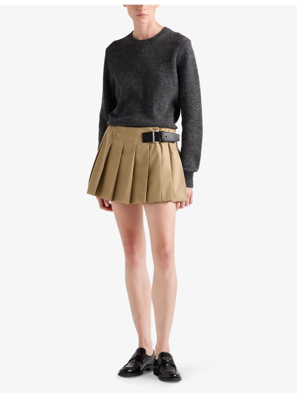 Pleated leather-belt cotton-twill mini skirt - 2