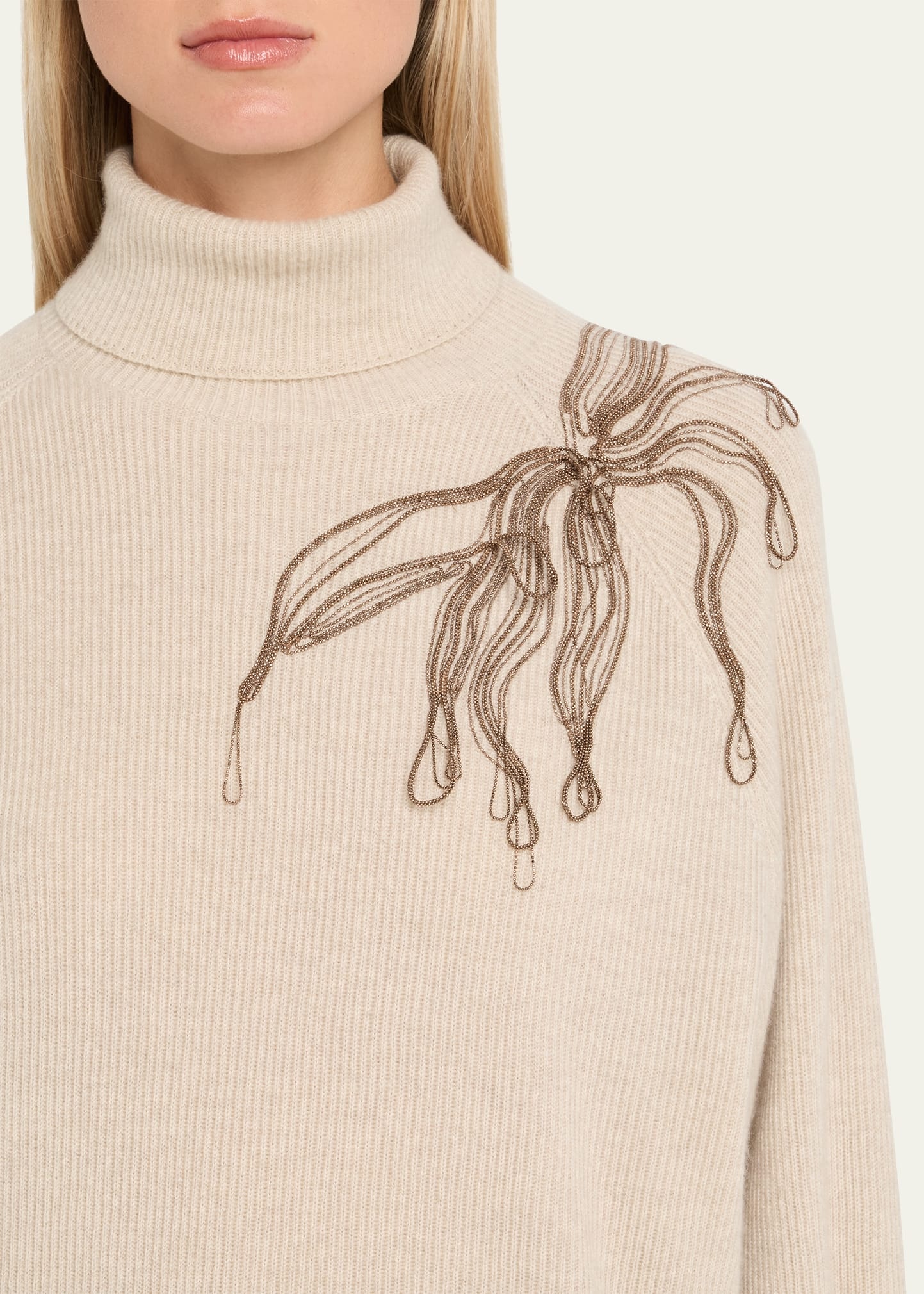 Cashmere Turtleneck with Monili Flower Detail - 5