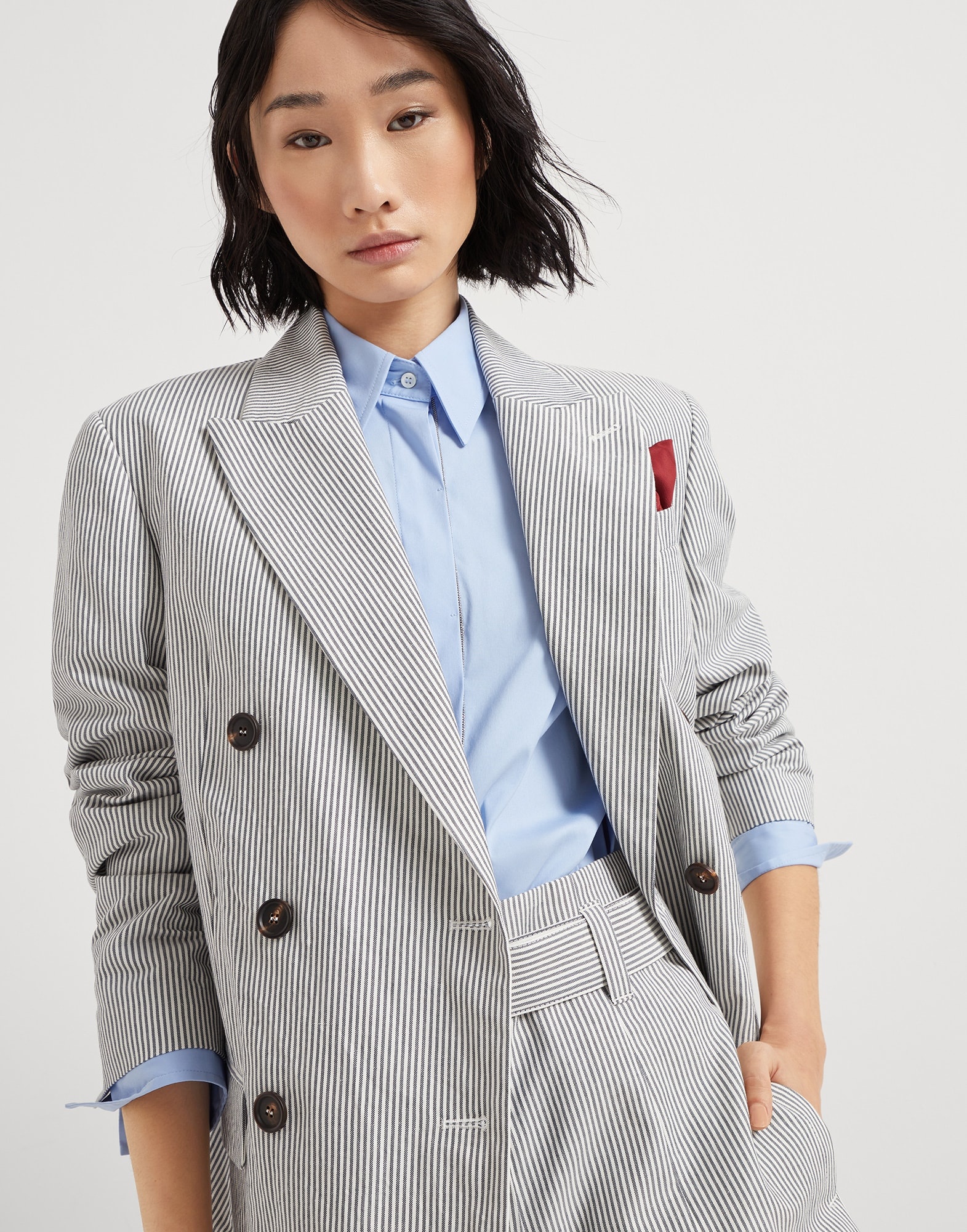 Striped cotton and linen twill blazer with monili - 4