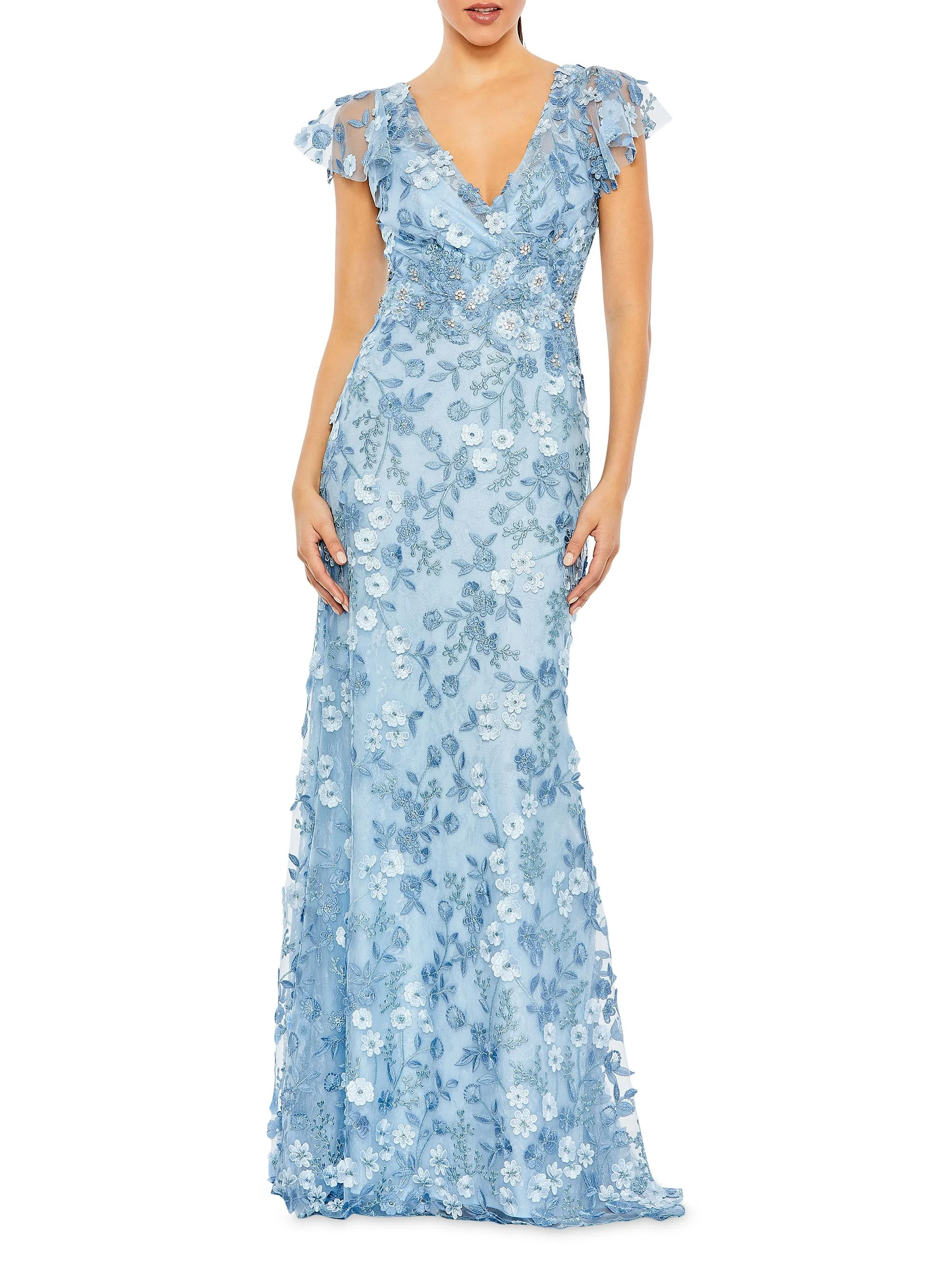 Women's Floral Appliqué Tulle Gown - Blue - 1