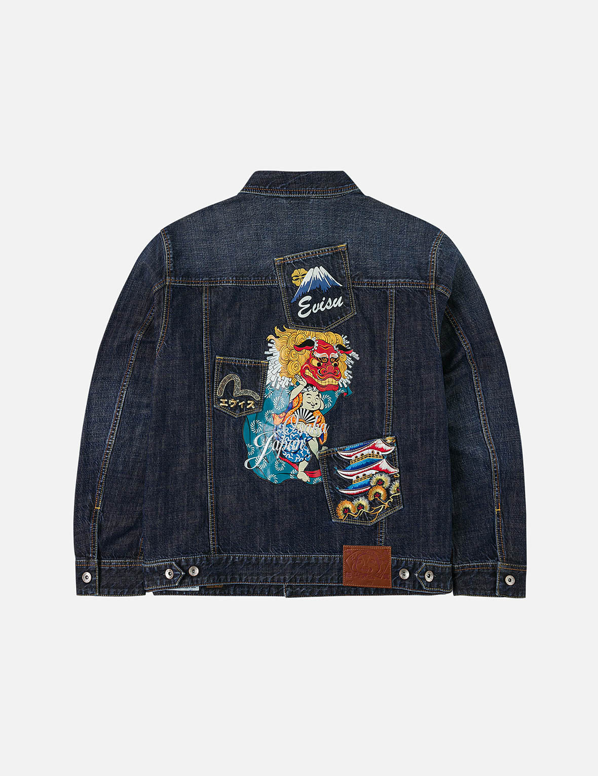 Washed Multi-Pocket with Lion Dance Print Relax Fit Denim Jacket - 3