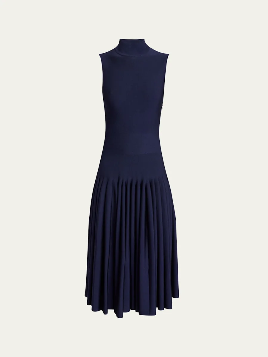 High-Neck Pleated Knit Midi Dress - 1