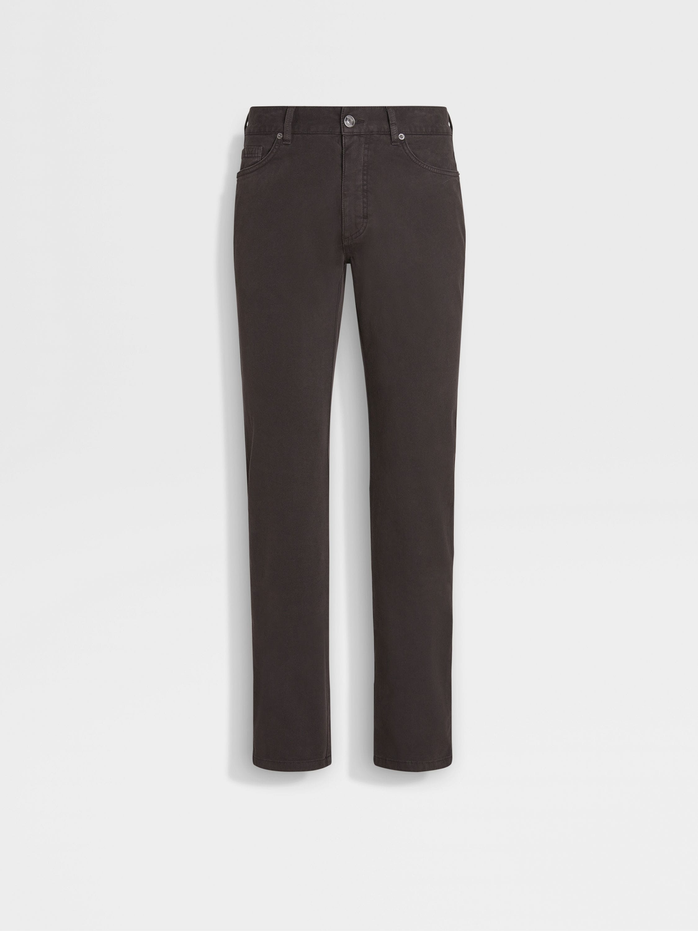 DARK BROWN STRETCH COTTON ROCCIA JEANS - 1