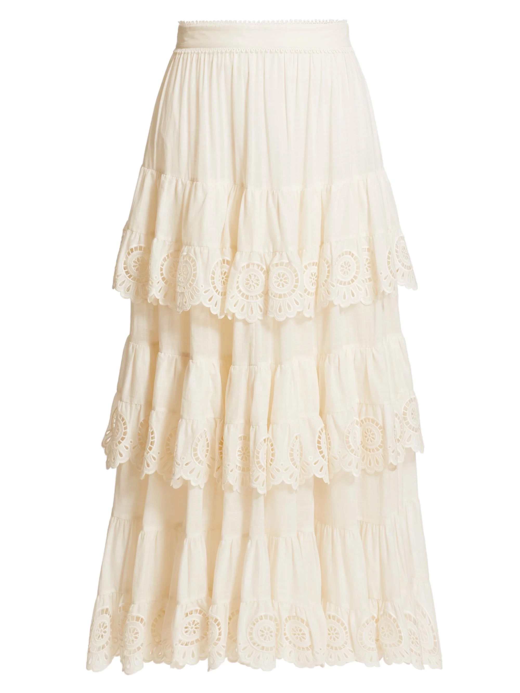 Women's Lucky Embroidered Tiered Cotton Midi-Skirt - Ivory - 1