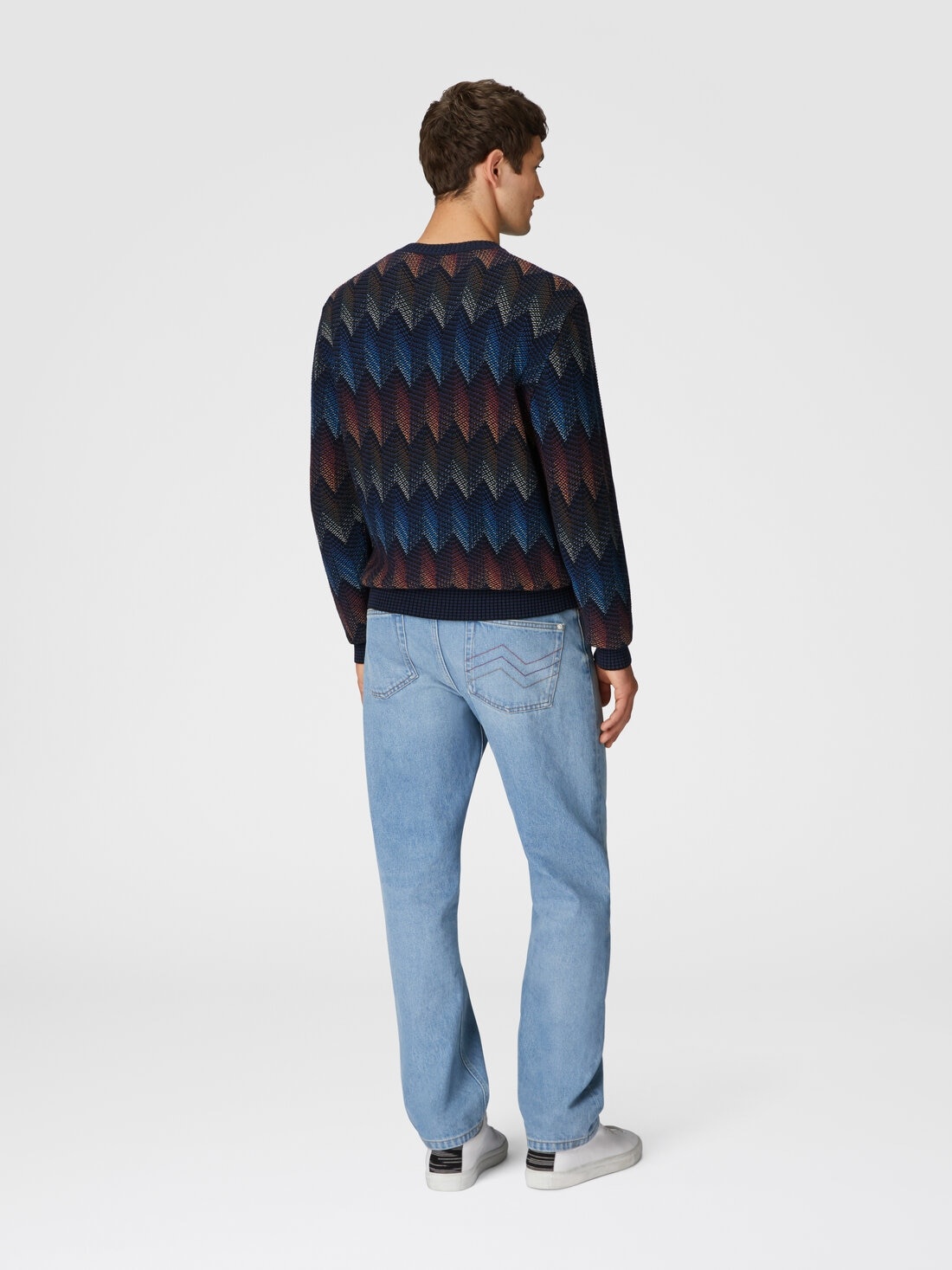 Crewneck sweater in gradient cotton chevron blend with contrasting piping - 3