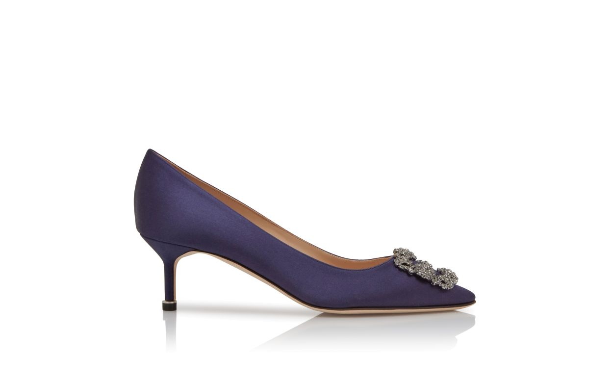 Dark Blue Satin Jewel Buckle Pumps - 1