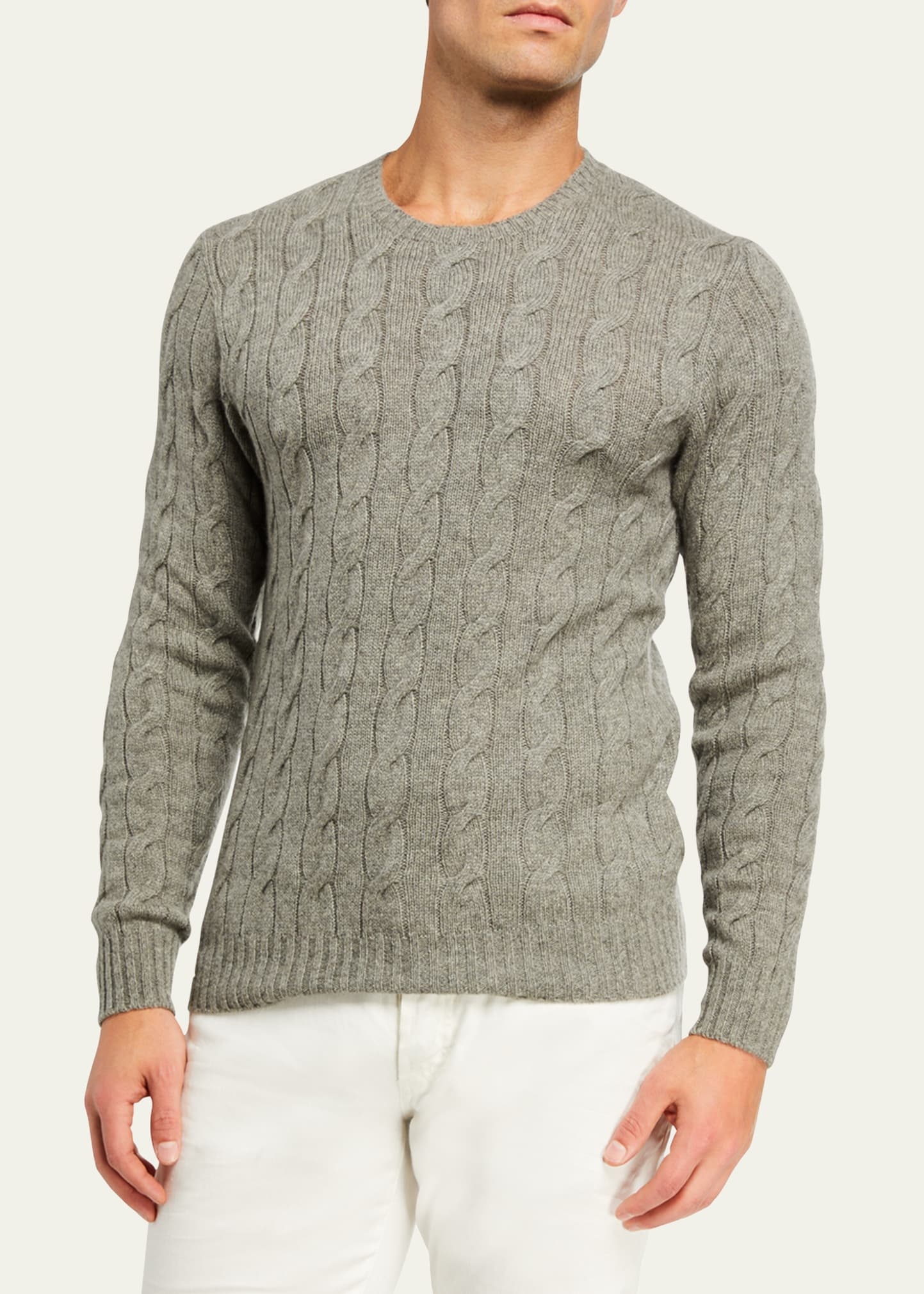 Men's Cashmere Cable-Knit Crewneck Sweater, Light Gray Heather - 1