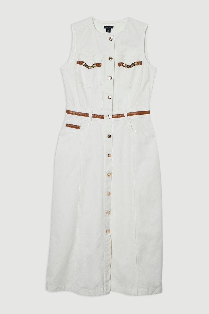Denim & Faux Leather Tipping Sleeveless Midi Dress 4