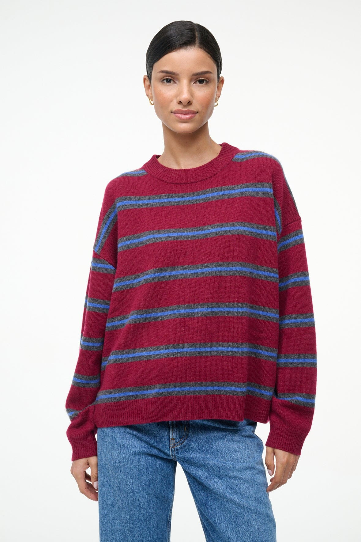 STAUD SERRANO CASHMERE RELAXED CREW CRIMSON STRIPE - 5