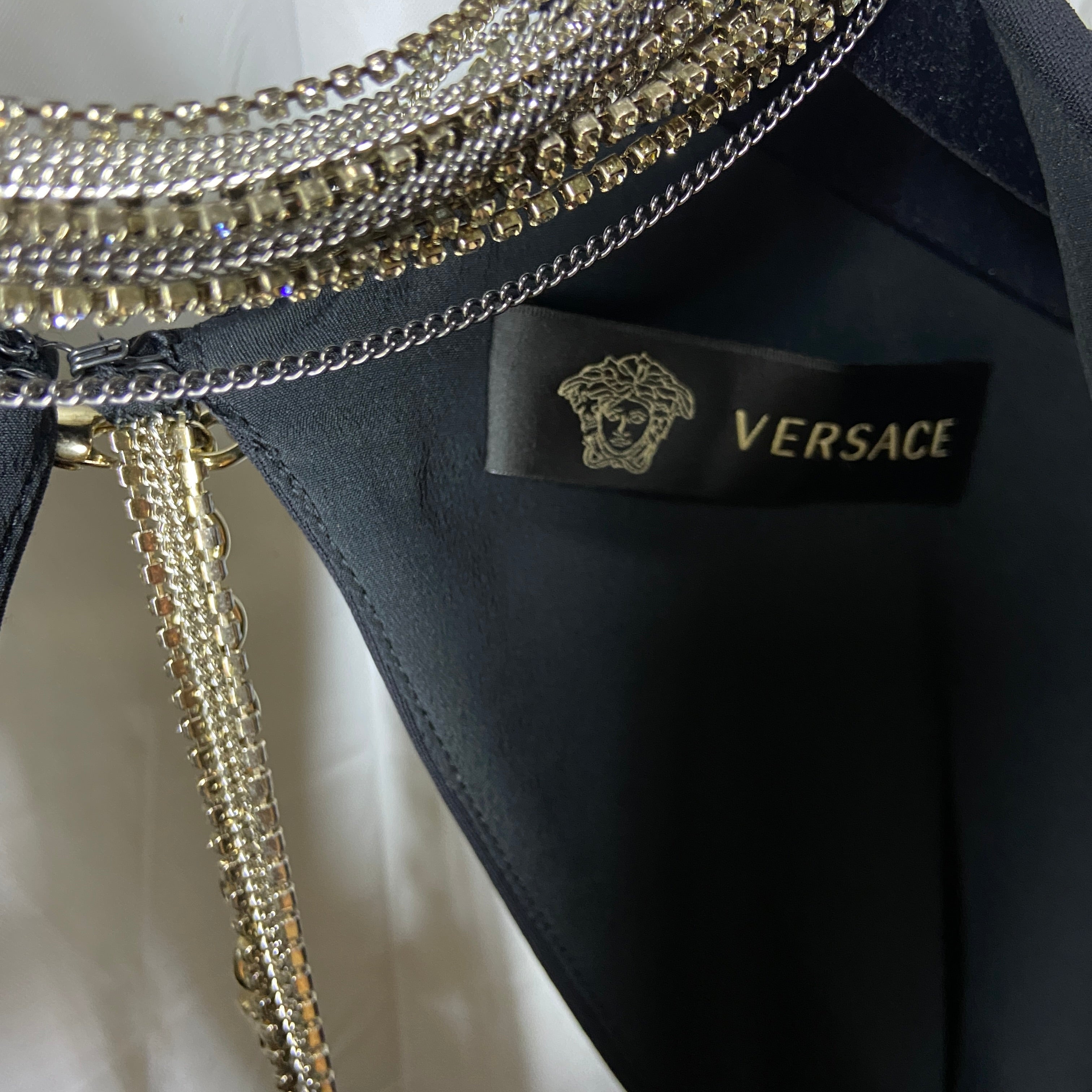 Versace plunging open back dress evening gown with gold crystal necklace and back chains 38 - 13