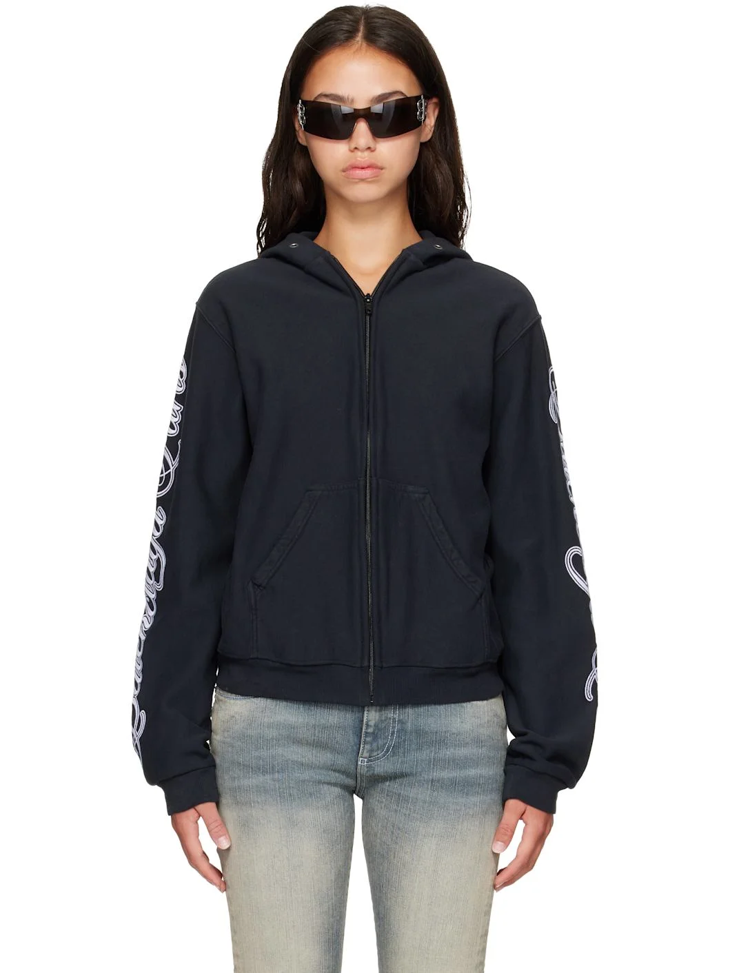 Black Cursive Zip-Up Regular Fit Hoodie - 1