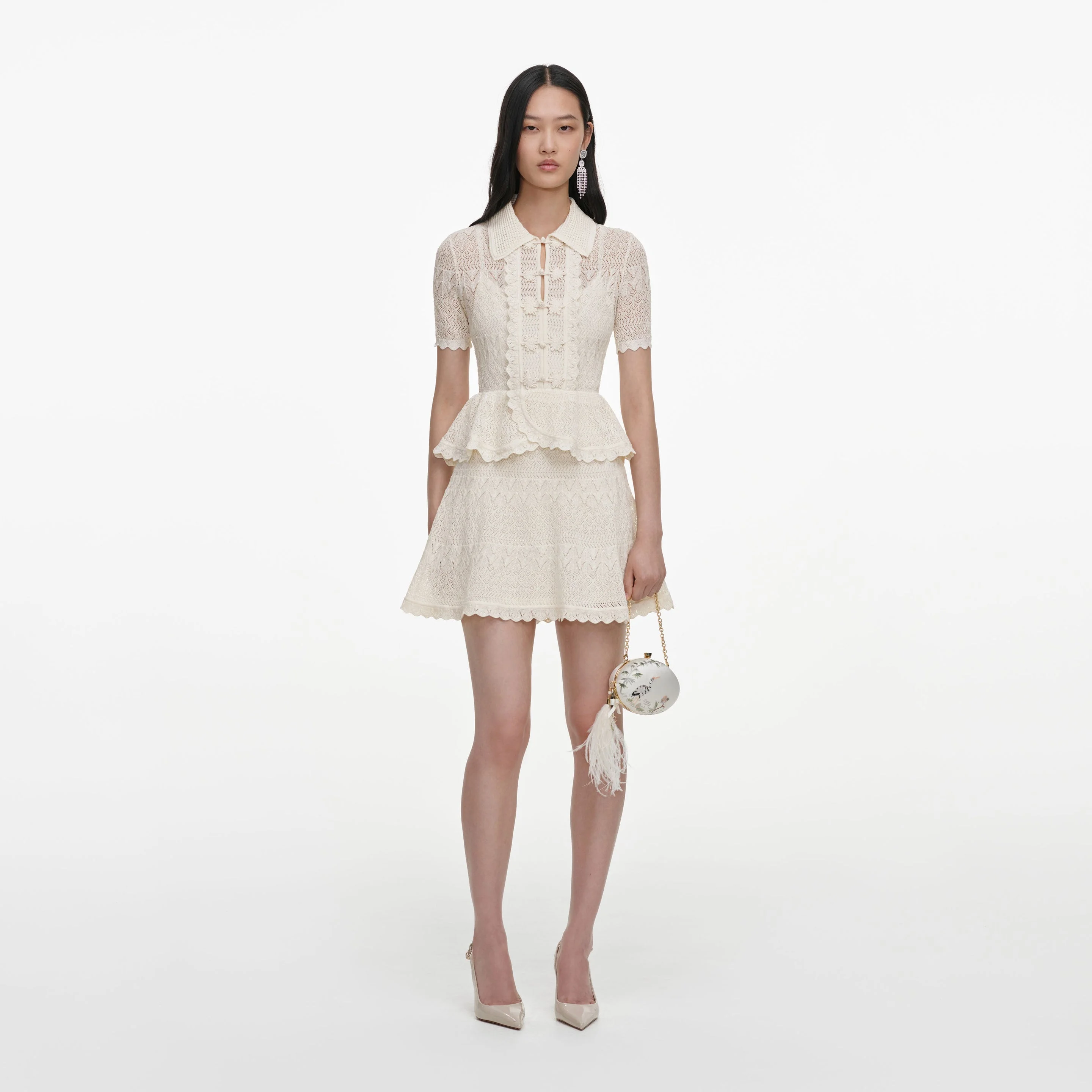 Cream Pointelle Knit Wrap Peplum Dress - 1